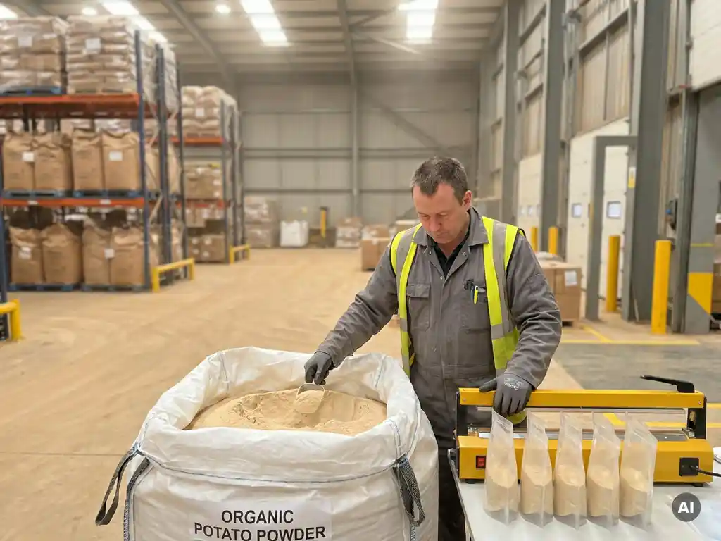 Magazijnmedewerker verpakt aardappelpoeder uit grote bulkzak in kleinere eenheden, palletrekken op achtergrond.