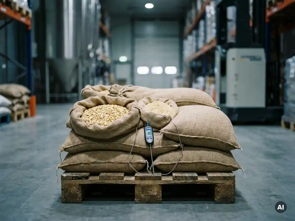 Jutezakken met aardappelvlokken en -poeder gestapeld op houten pallet in koele opslagloods, digitale thermometer toont lage bewaartemperatuur.