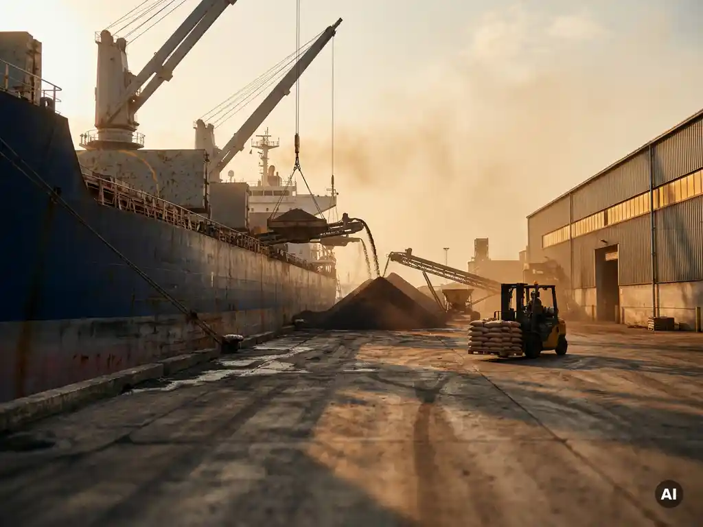 Bulkcargoschip lost droge grondstoffen op industriële kade, vorkheftruck rijdt richting magazijn in gouden middaglicht.