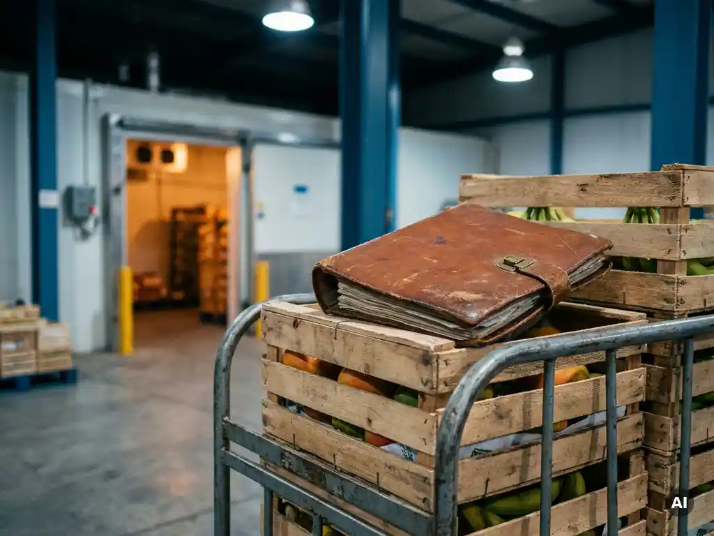 Versleten leren douanemap op stalen magazijntrolley met houten importkisten vol exotisch tropisch fruit, koelopslagfaciliteit op achtergrond.