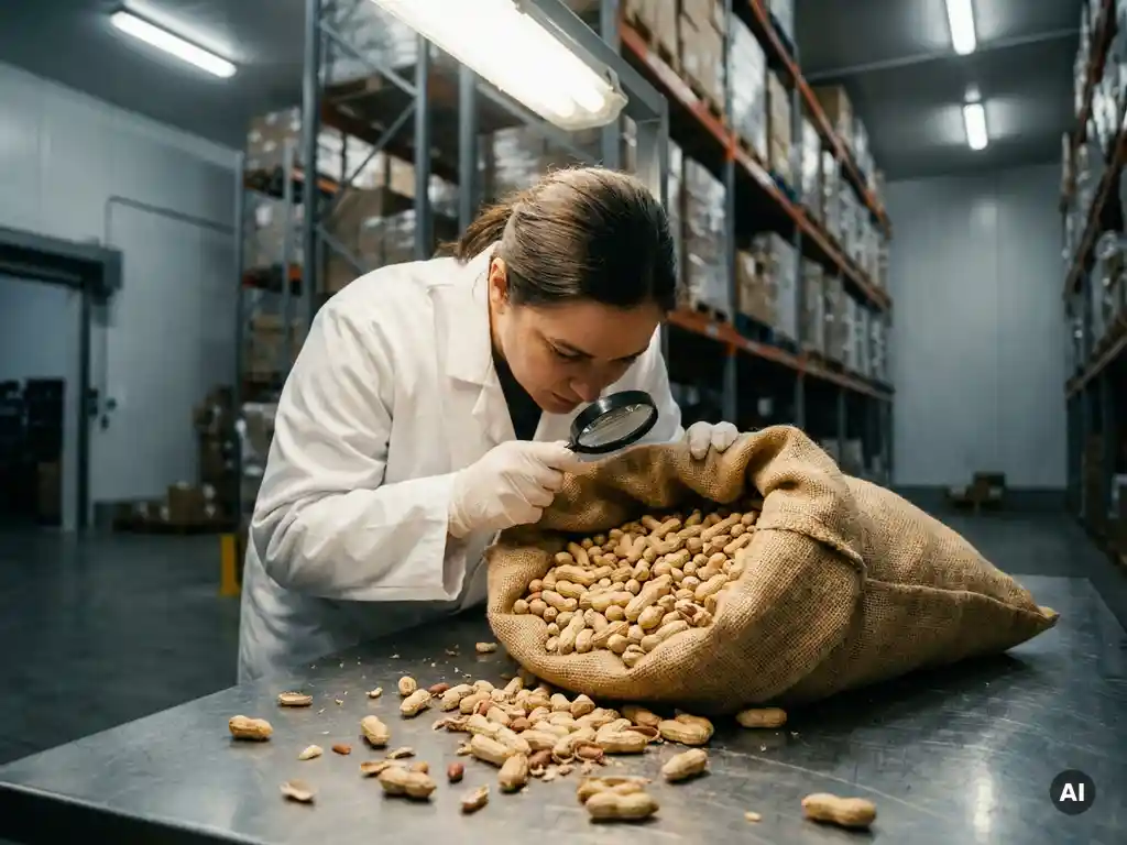 Douane-inspecteur in witte labjas onderzoekt zak rauwe pinda's op stalen inspectatietafel in industrieel koelpakhuis.
