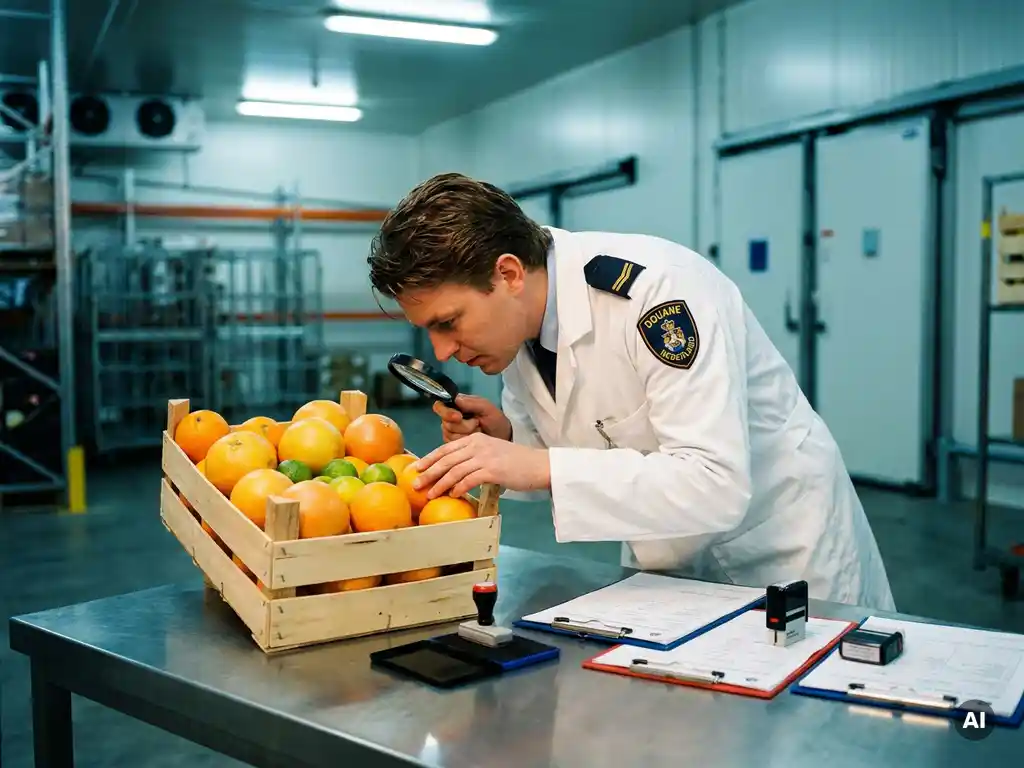 Customs inspector in white lab coat examines tropical citrus fruits on a stainless steel inspection table in a refrigerated warehouse.