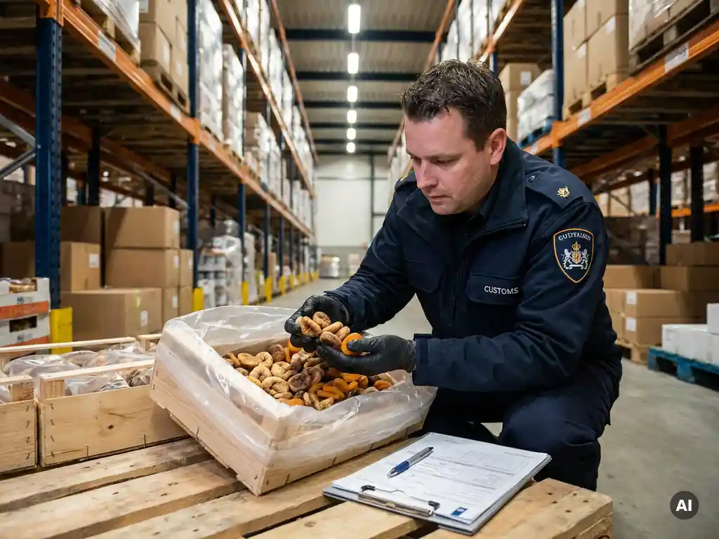Douane-inspecteur onderzoekt verzegelde krat gedroogde vijgen en abrikozen in Nederlands distributiecentrum.