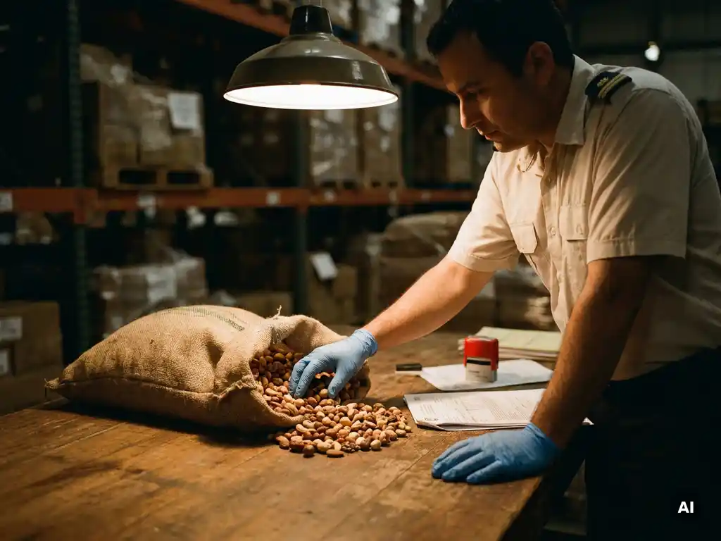 Customs inspector with blue latex gloves examines torn-open jute sack containing mixed nuts on a wooden inspection table with import documents.