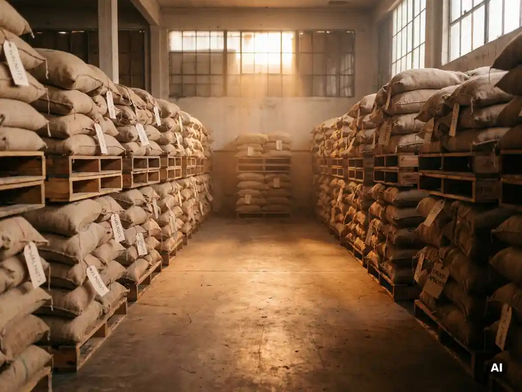 Long warehouse corridor with wooden pallets full of jute sacks of nuts and dried fruit, illuminated by natural light from tall industrial windows.