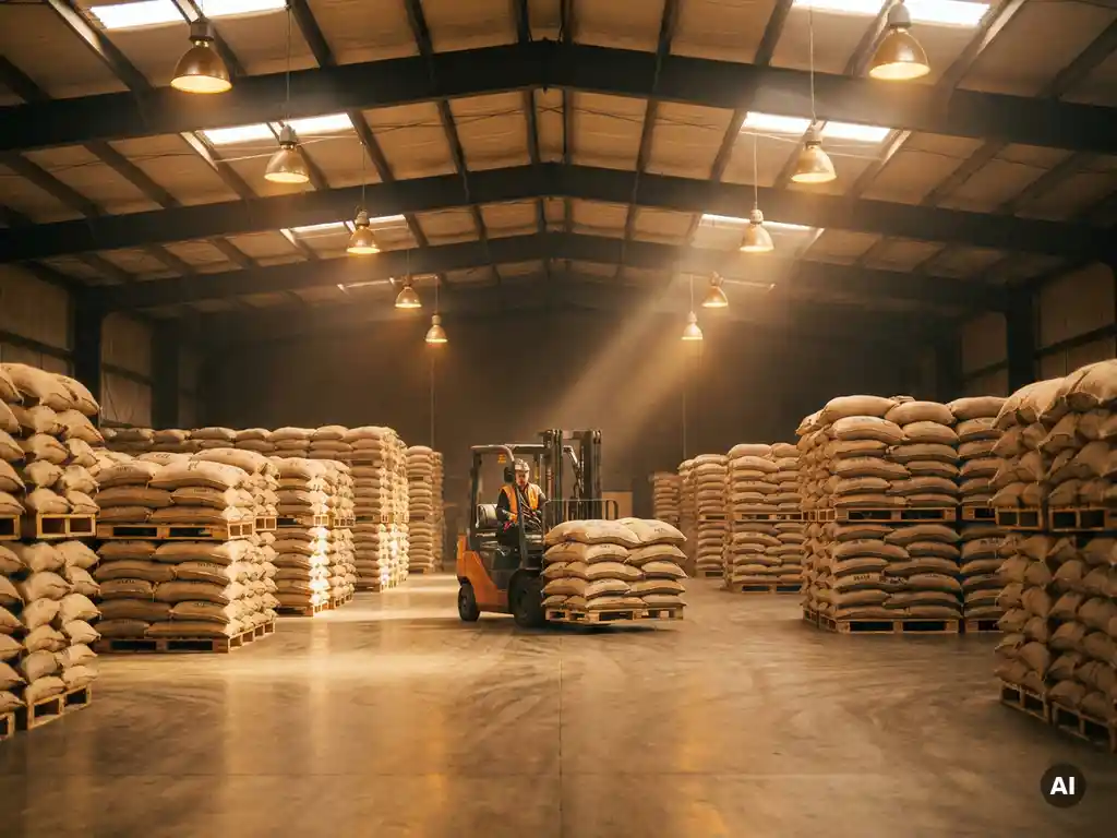 Droog magazijn met hoge palletrijen vol jutezakken met noten en graan, vorkheftruck rijdt door het gangpad onder warm industrieel licht.