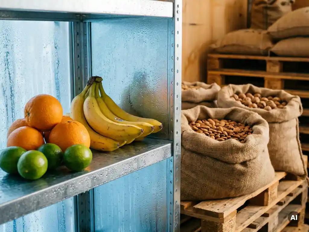 Kleurrijke tros bananen, sinaasappels en limoenen op een gekoeld metalen schap met condensatie, jutezakken met noten op houten pallets op de achtergrond.
