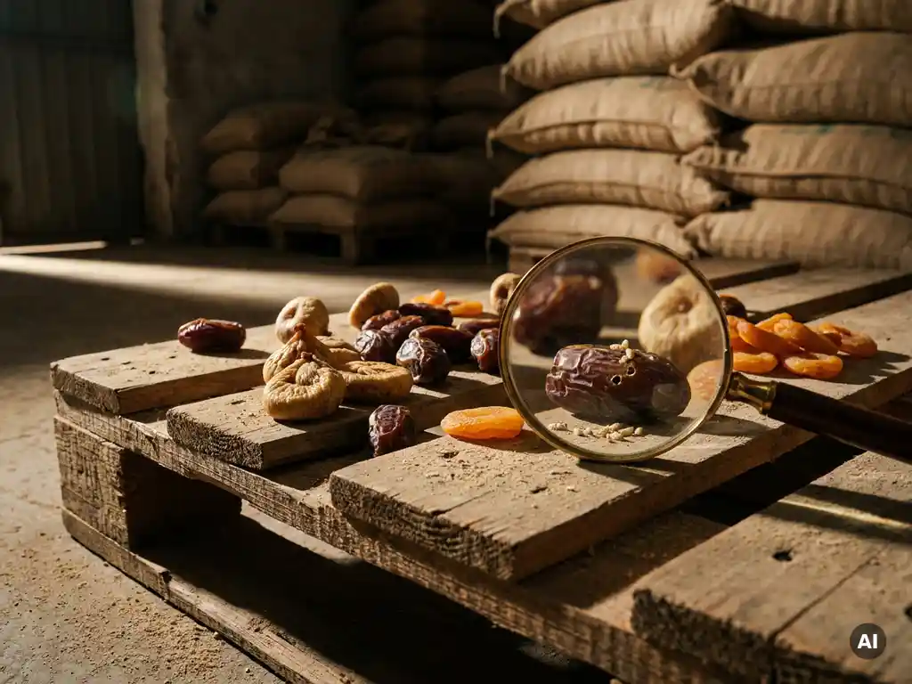 Dried figs, dates, and apricots on a wooden pallet with a magnifying glass revealing larval damage, stored in a dry warehouse.