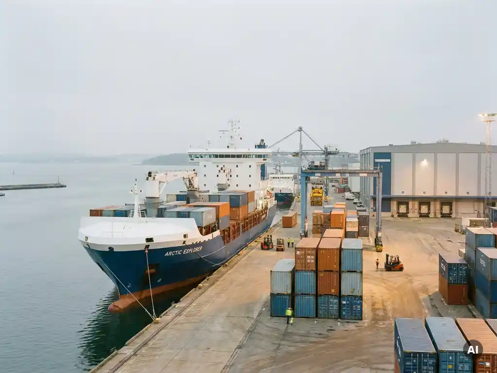 Gekoeld vrachtschip aangemeerd in Europese haven met blauwe en oranje containers op de kade en koel opslagloods op achtergrond.