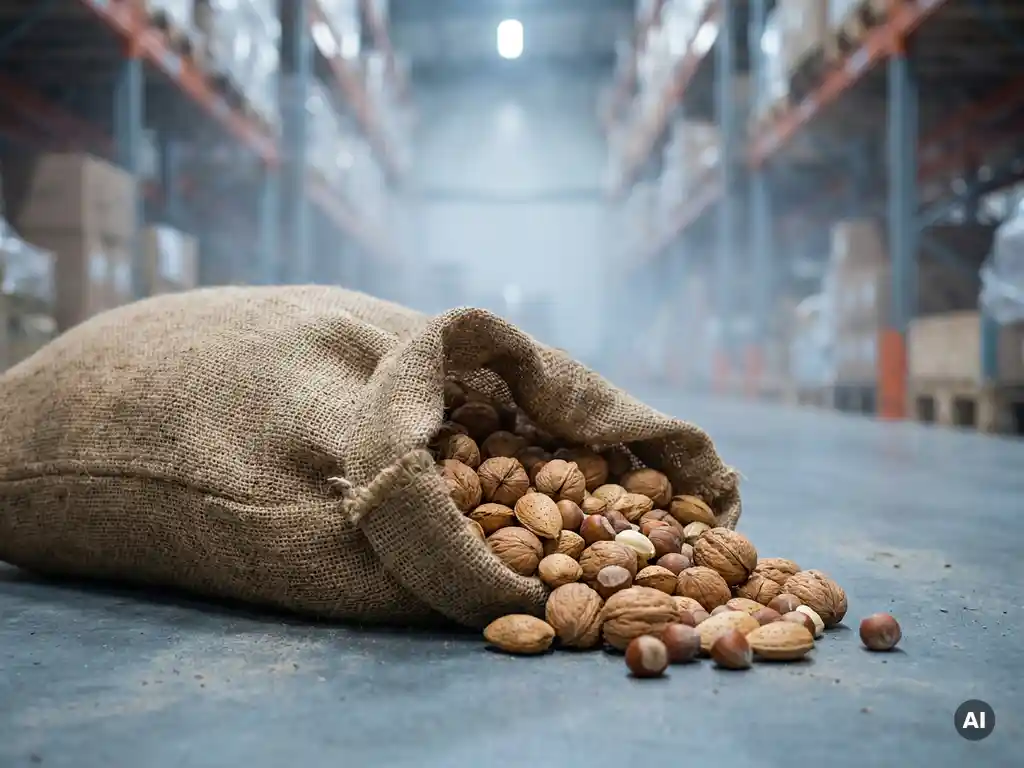 Opengebarsten jute zak met walnoten, amandelen en hazelnoten op betonnen magazijnvloer, met industriële schappen op de achtergrond.