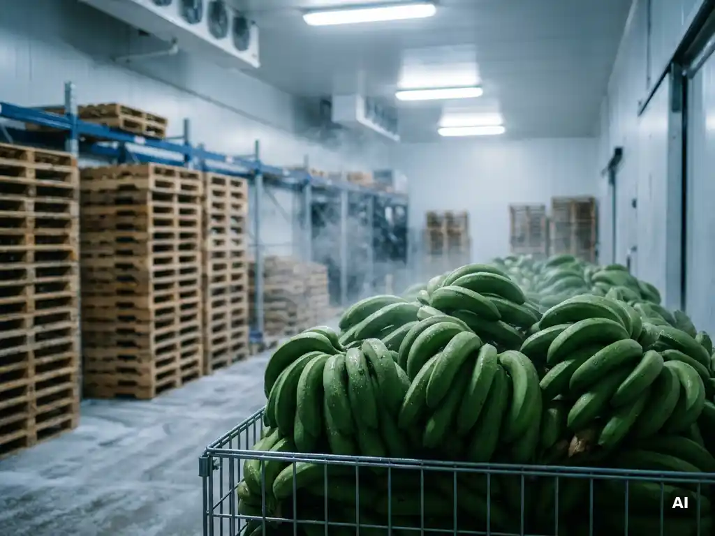 Verse groene bananen op houten pallets in een koude opslagloods met condensatie en industriële verlichting.