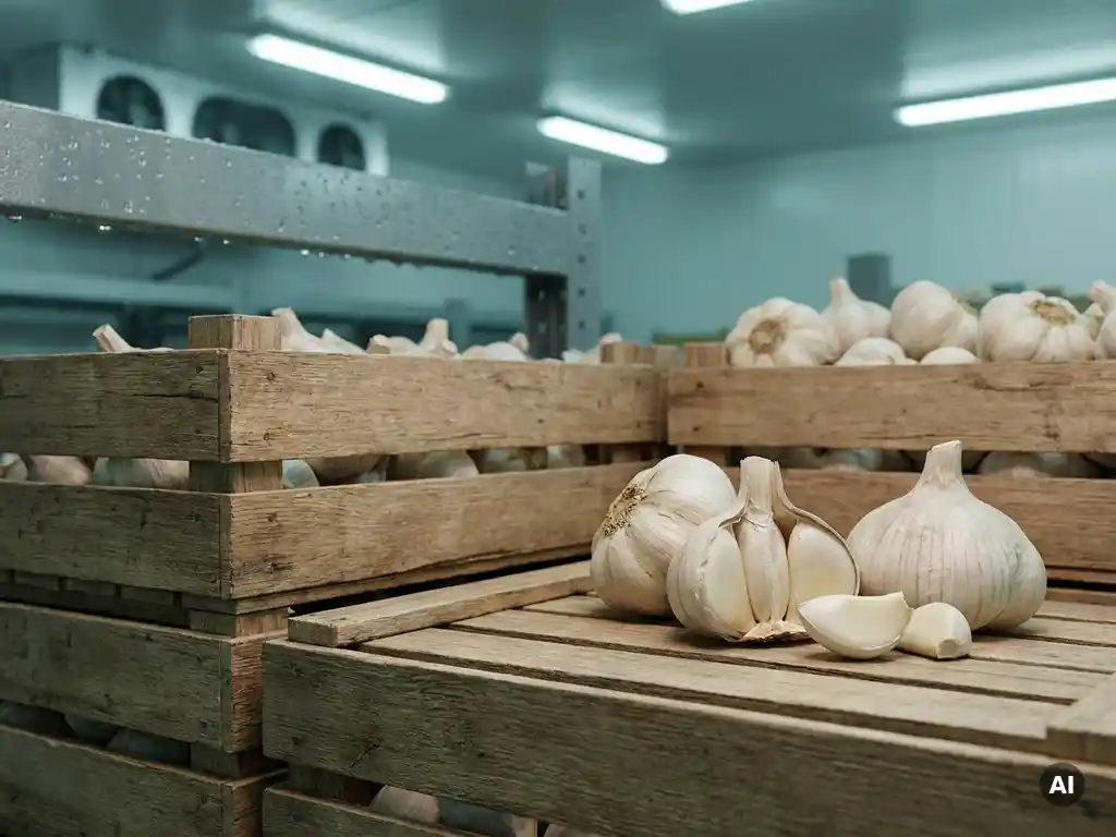 Verse knoflookbollen op houten pallets in een koude opslagloods, één bol opengebroken met witte teentjes zichtbaar.