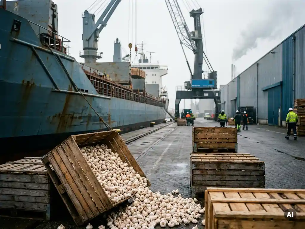 Vrachtschip lost houten kratten knoflook op Europese kade, met ivoren bollen uit een open krat op de voorgrond en industriële kranen op de achtergrond.