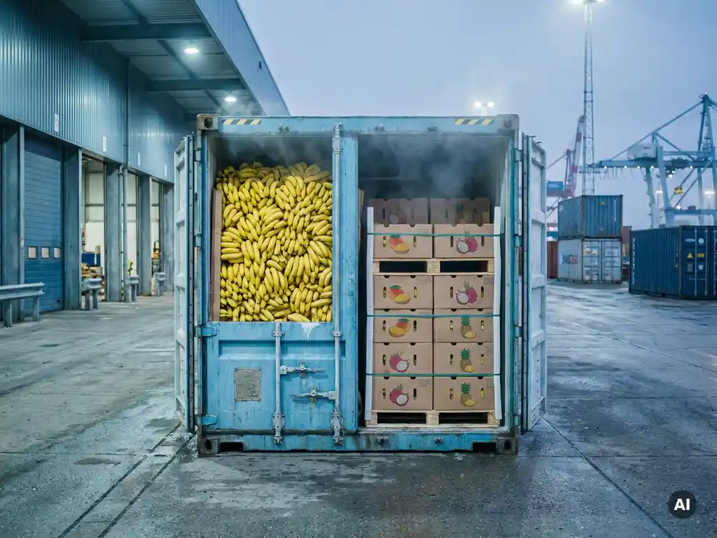 Gekoelde zeecontainer op de kade halfvol met gele bananen gestapeld tot het plafond, andere helft met dozen exotisch fruit op houten pallets.