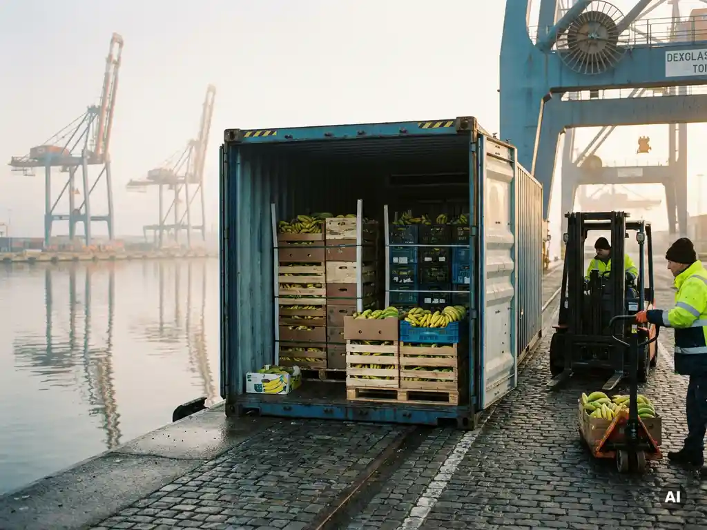 Gekoelde zeecontainer wordt gelost in een Europese haven met gele en groene bananenkratten, havenkranen spiegelen in het water.