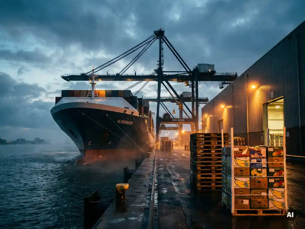 Vrachtschip lost gekoelde containers bij de haven van Vlissingen, met industriële kranen tegen een dramatische kustlucht en pallets exotisch fruit in een magazijn op de achtergrond.