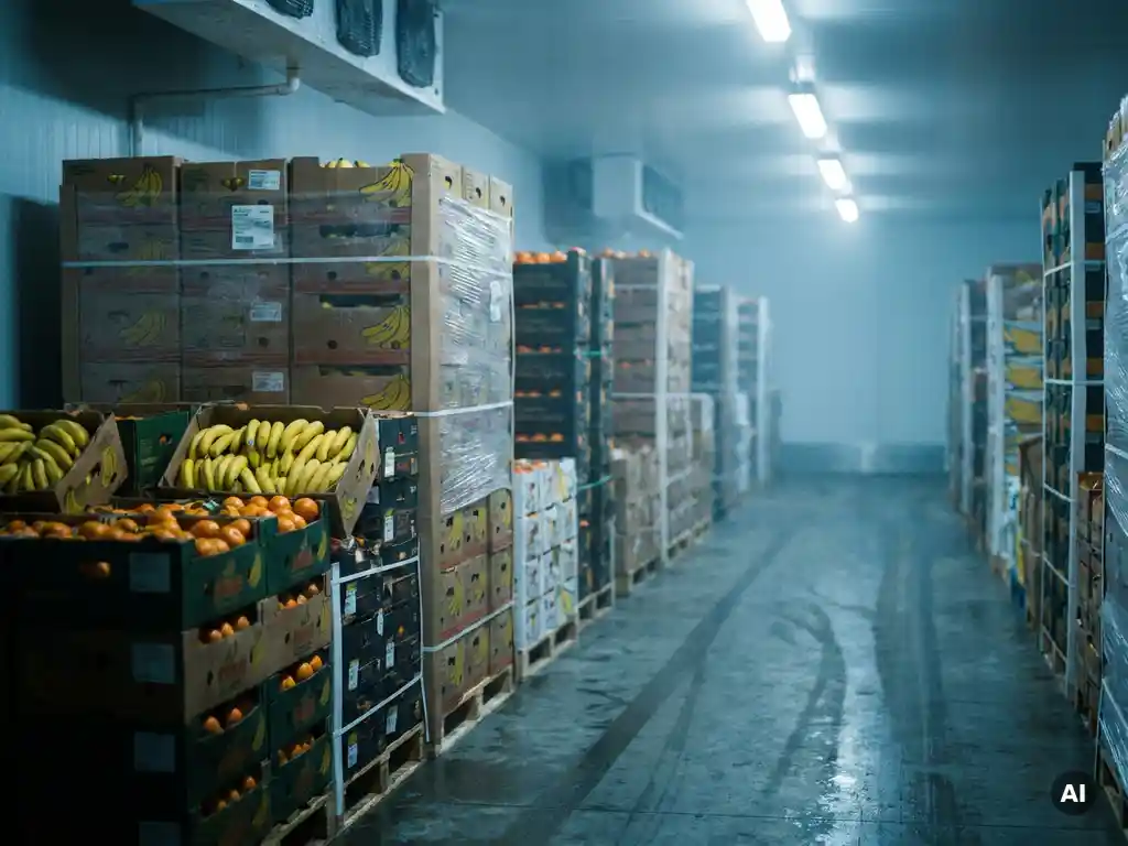 Gekoeld magazijnpad met hoge pallets vol bananenkratten en citrusvruchten, dampende koude lucht en industriële verlichting.