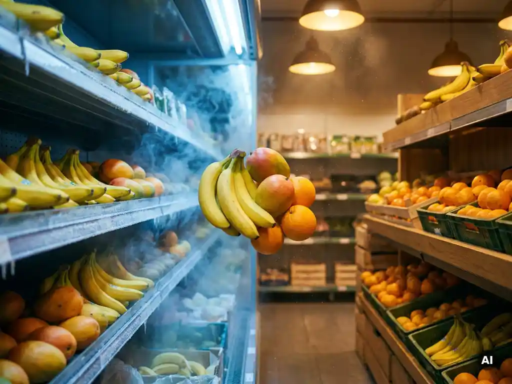 Tropisch fruit zoals bananen, mango's en sinaasappels verdeeld tussen een bevroren koelcel en een warme magazijnplank in één gangpad.