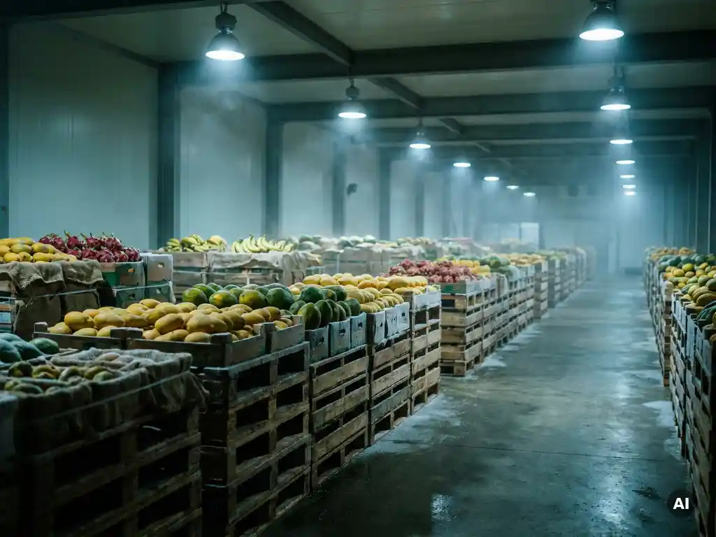Pallets met tropisch fruit in kleurrijke kratten opgeslagen in een grote koelopslagloods met condenserende lucht en industriële verlichting.
