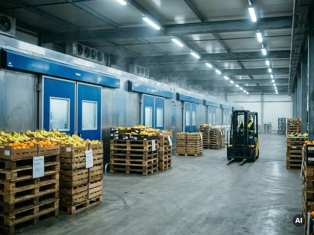 Industrial cold storage units in a European warehouse with pallets of tropical fruit, bananas, and citrus; a forklift drives through wide aisles.