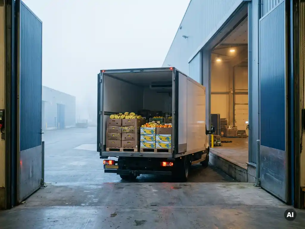 Koelwagen die achteruitrijdt naar laaddok van koelopslagloods, met pallets bananen en citrusfruit op de voorgrond.
