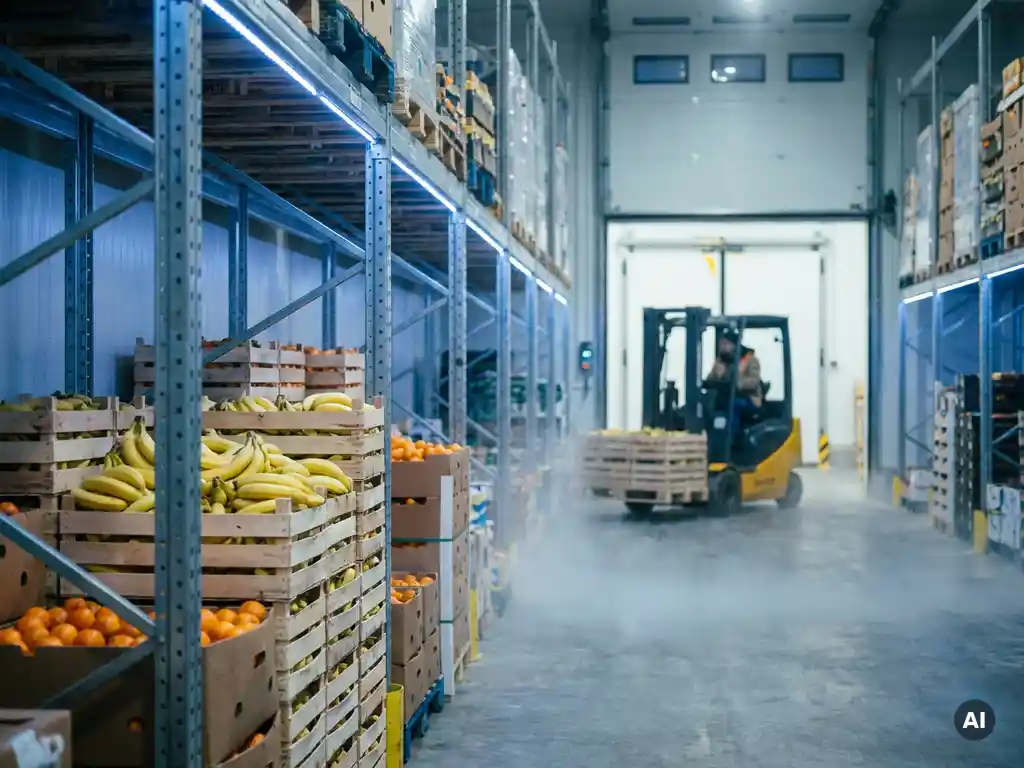 Koude opslagloods met palletrekken vol houten kisten bananen en citrusvruchten, vorkheftruck op laaddok op de achtergrond.