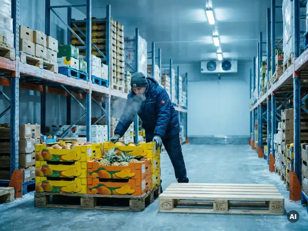 Warehouse worker stacks crates of exotic tropical fruit on a wooden pallet in a cold storage warehouse with high shelving units.