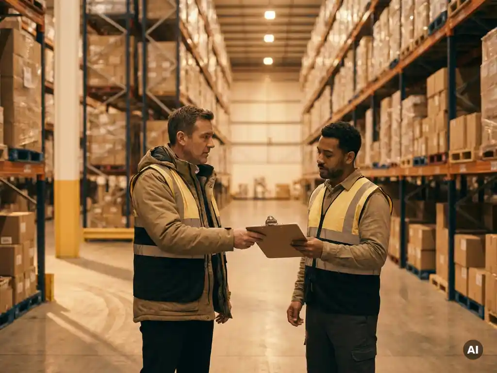 Magazijnmanager overhandigt klembord aan logistiek medewerker in droog opslagmagazijn met hoge palletrekken vol dozen.