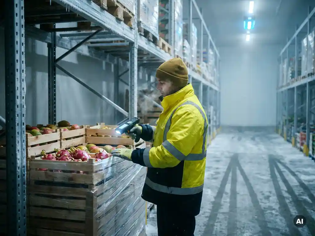 Magazijnmedewerker scant barcode op krimpfolie-omwikkeld pallet met exotisch fruit in gekoelde opslagruimte met stalen rekken.