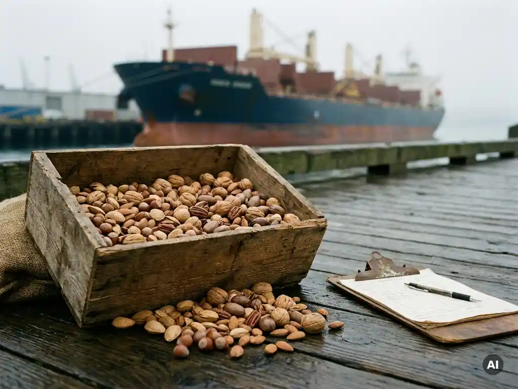 Houten kist vol gemengde rauwe noten op een verweerde kade, met een vrachtschip in de mistige haven en een douane-klembord ernaast.