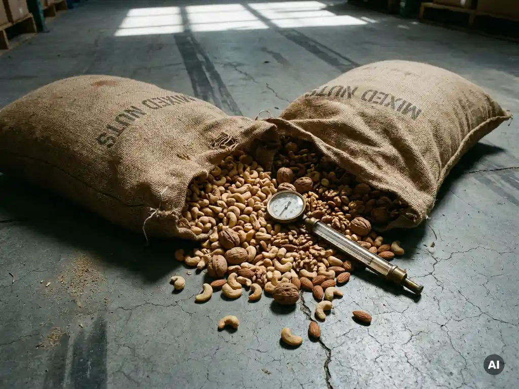Opengebarsten jutezak met cashewnoten, walnoten en amandelen op betonnen magazijnvloer, met industriële thermometer ertussen.
