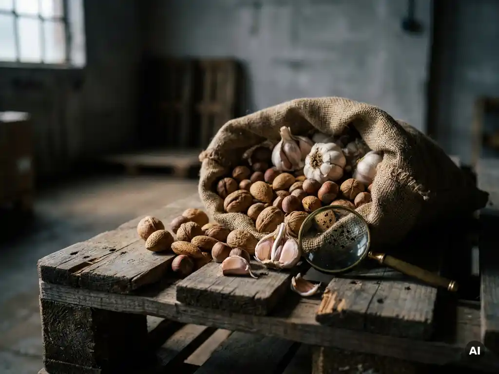 Opengescheurde jutezak met gemengde noten en knoflookbollen op verweerde pallet, vergrootglas onthult insectenschade op de schalen.