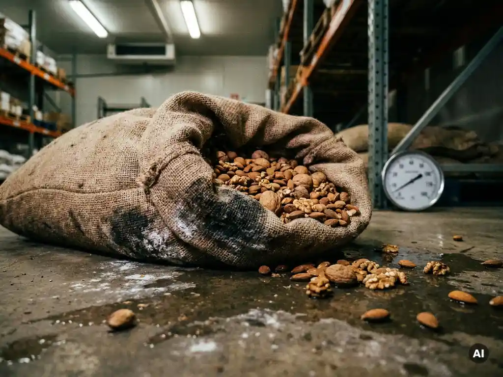Opengebarsten jutezak met walnoten en amandelen op een magazijnvloer, zichtbaar vochtschade en verkleuringen onder industriële verlichting.