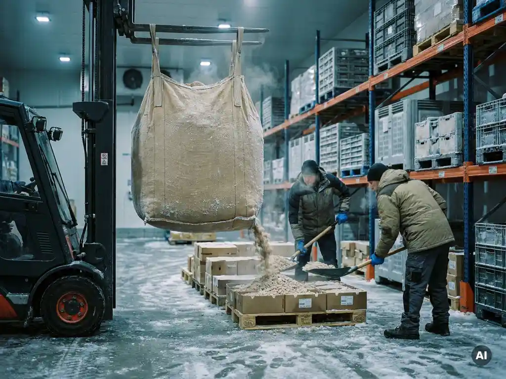 Grote geweven big bag met bulkgoederen hangend aan heftruck in gekoeld magazijn, arbeiders verdelen inhoud op houten pallets.