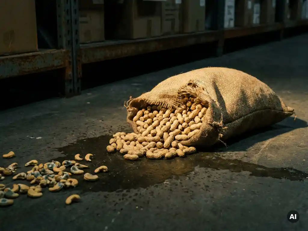 Gebarsten jutezak met pinda's die uitstroomt op een vochtige betonnen vloer, met beschimmelde cashewnoten en dramatische zijverlichting.
