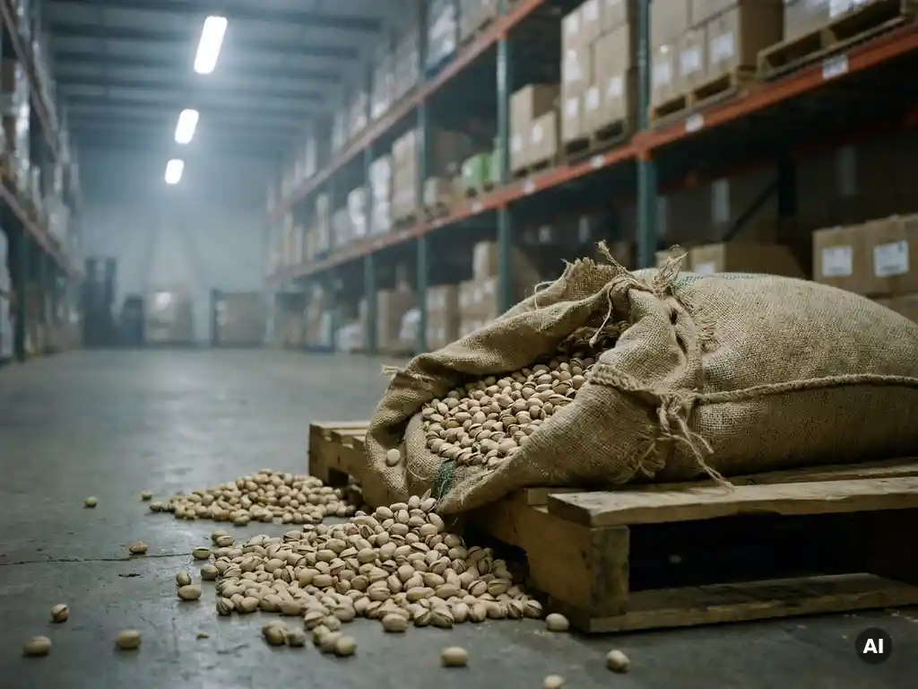 Opengebarsten jutezak met rauwe pistachenoten op een magazijnpallet, losse noten verspreid over betonnen vloer.