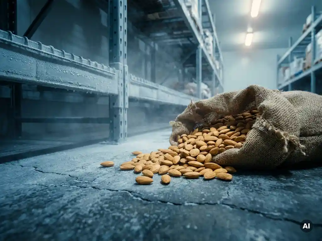 Rauwe amandelen die uit een gescheurde jutezak vallen op een betonnen vloer in een koude industriële opslagruimte.