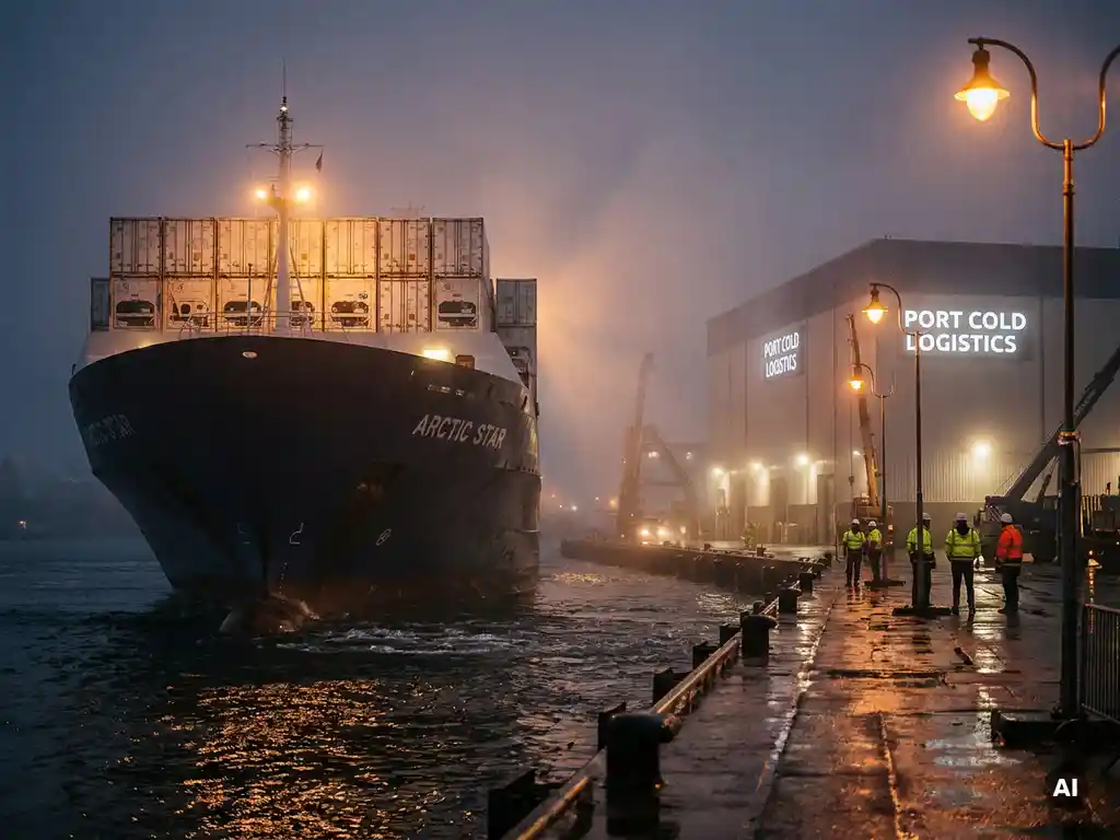 Vrachtschip met gekoelde containers meert aan bij mistige haven in de schemering, met koud-opslag loods op de achtergrond.