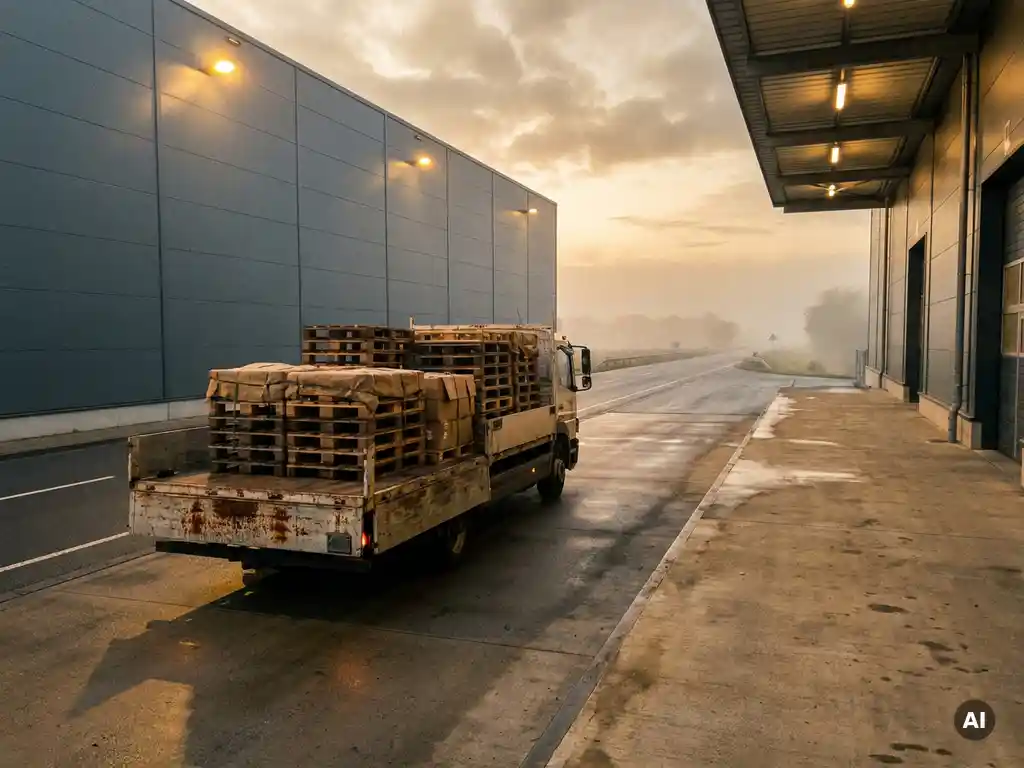 Verouderde flatbedtruck met gestapelde houten pallets verlaat een modern magazijndok richting mistige Europese snelweg in goudkleurig avondlicht.