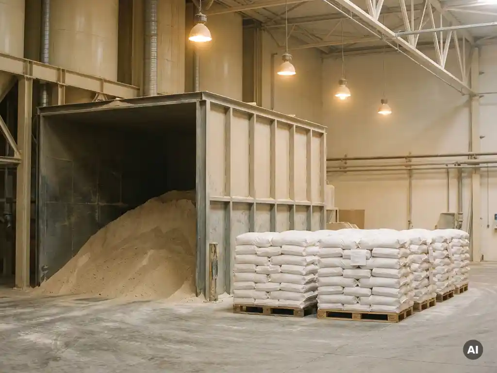 Industrieel magazijn met aardappelpoeder in bulk silo naast gestapelde witte zakken op houten pallets onder warm tungsten licht.