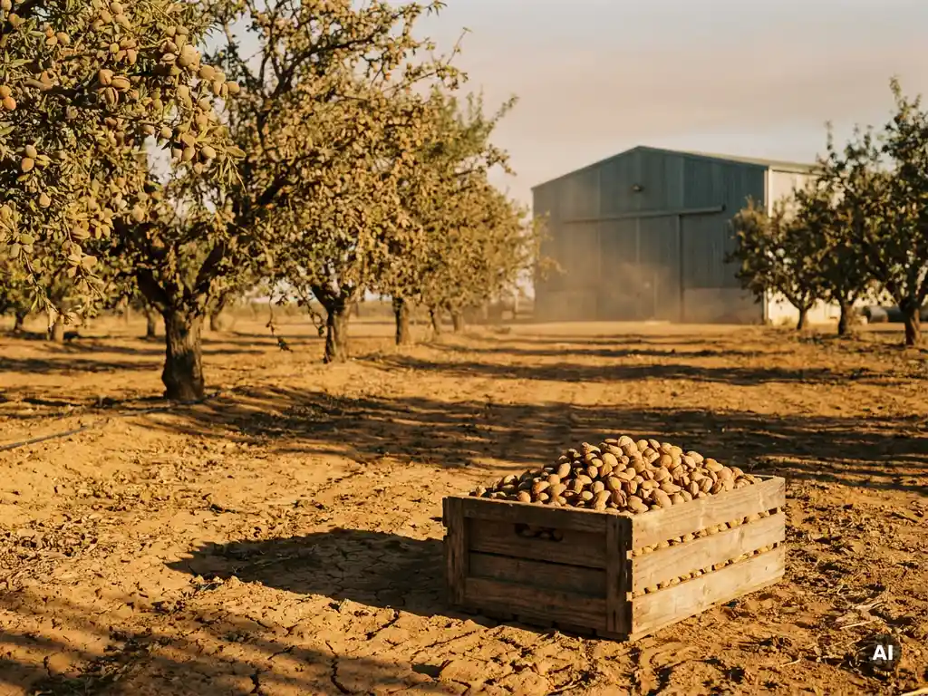 Amandelboomgaard in Zuid-Afrika tijdens de oogst, met een verweerde houten kist vol amandelen op droge okerkleurige grond in gouden uurtjeslicht.