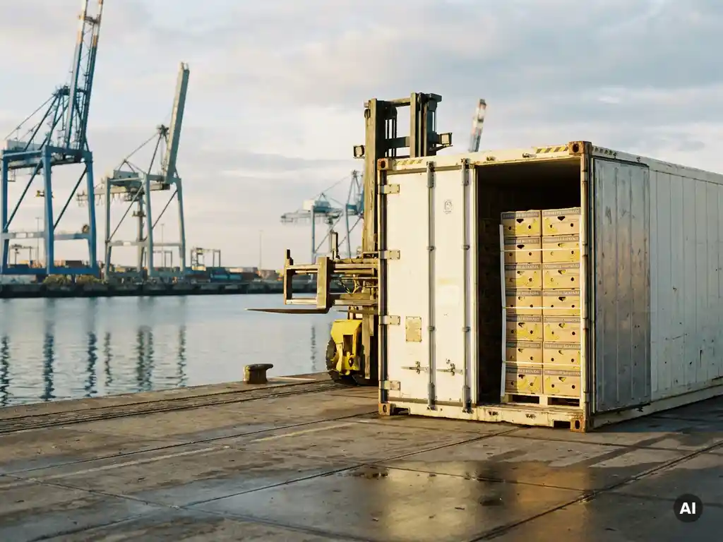 Gekoelde zeecontainer wordt gelost in Nederlandse haven met gele bananenkratten, industriële kranen weerspiegeld in het Noord-Zeewater.