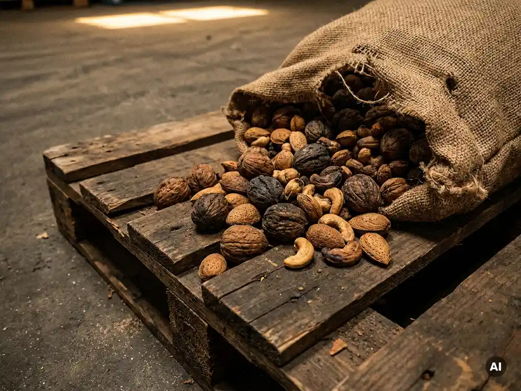 Bedorven walnoten, amandelen en cashewnoten uit een gescheurde jutezak op een verweerd magazijnpallet.