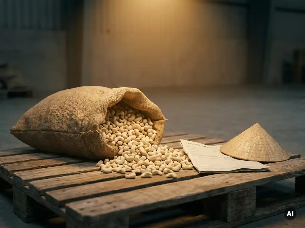 Opengebarsten jutezak met rauwe cashewnoten op houten pallet, met Vietnamese strooien hoed en douanedocument in magazijn.