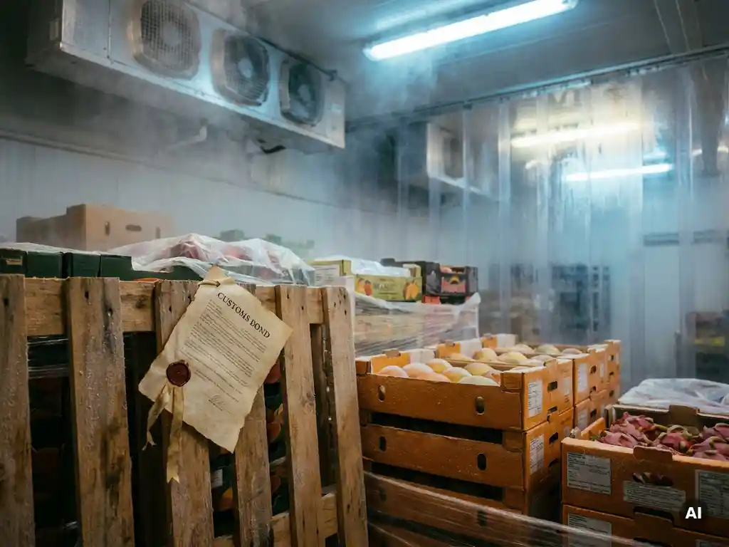 Sealed customs bond document against pallets of exotic fruit in a frozen storage warehouse with misty cooling air.