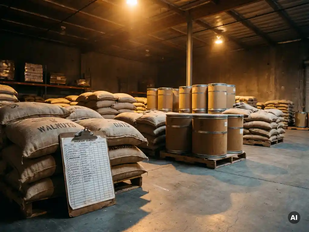 Grote jutezakken en bulkcontainers met noten en zaden in een droog magazijn, met een klembord met rotatieplan tegen het dichtstbijzijnde pallet.