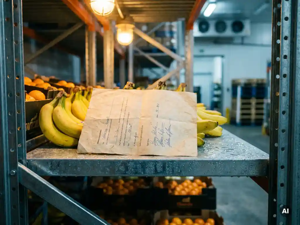 Ondertekend eigendomsdocument op stalen magazijnrek naast gele bananen en sinaasappels in gekoelde opslagfaciliteit.