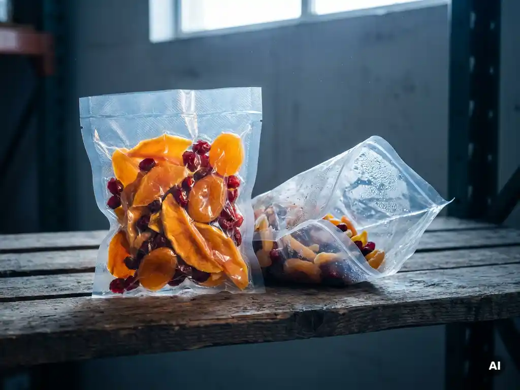 Vacuümverpakte gedroogde mangoplakken, abrikozen en cranberries op een rustieke houten magazijnplank.