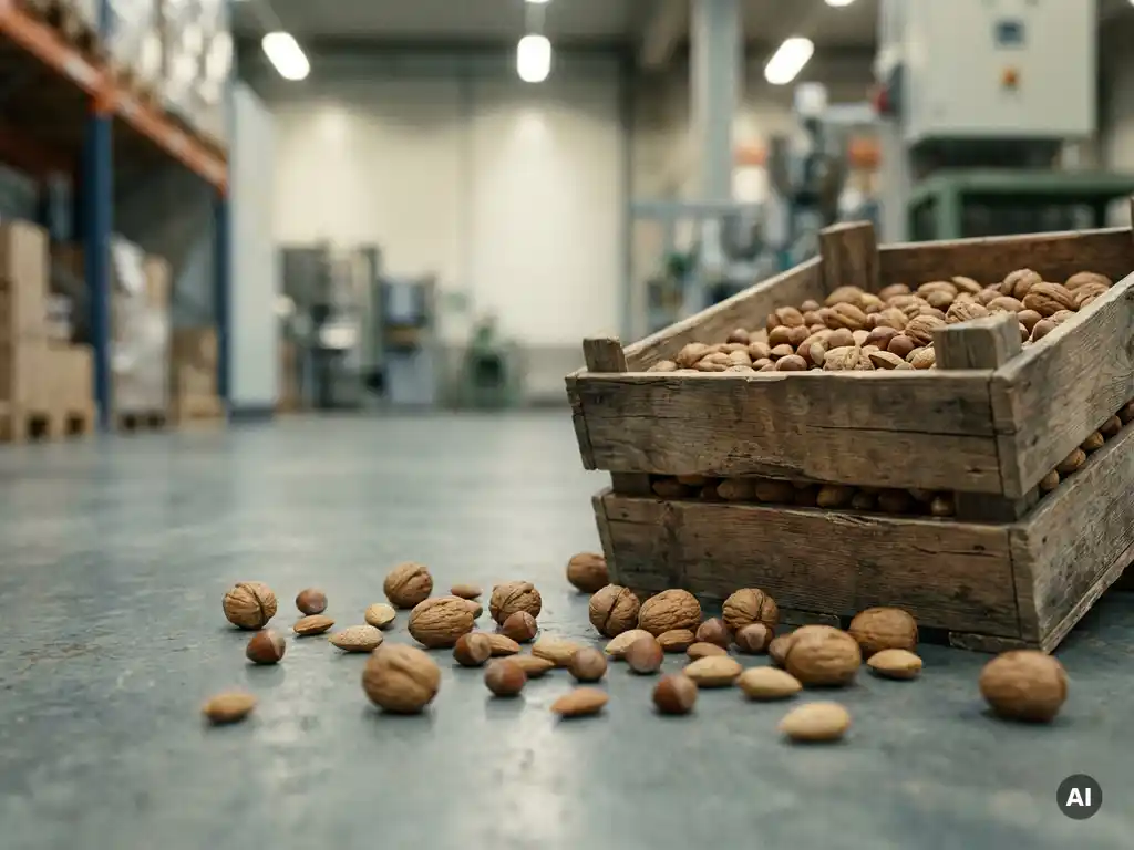 Gemengde noten zoals walnoten, amandelen en hazelnoten verspreid op een betonnen vloer, met een houten krat gevuld met gesorteerde noten op de voorgrond.