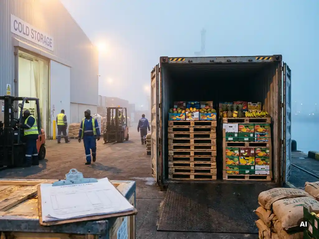 Vrachtcontainer wordt gelost op havenkade met pallets exotisch fruit, douaneklembord en koelopslagloods in ochtendnevel.